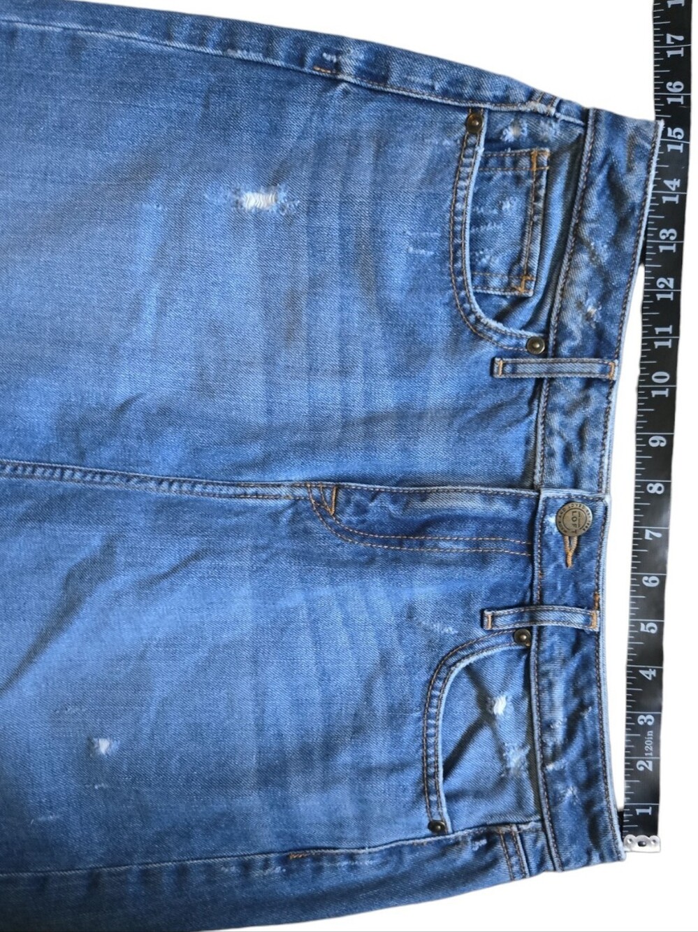 LOFT Distressed Frayed Raw Hem Denim Mini Pencil Skirt - Picture 5 of 7